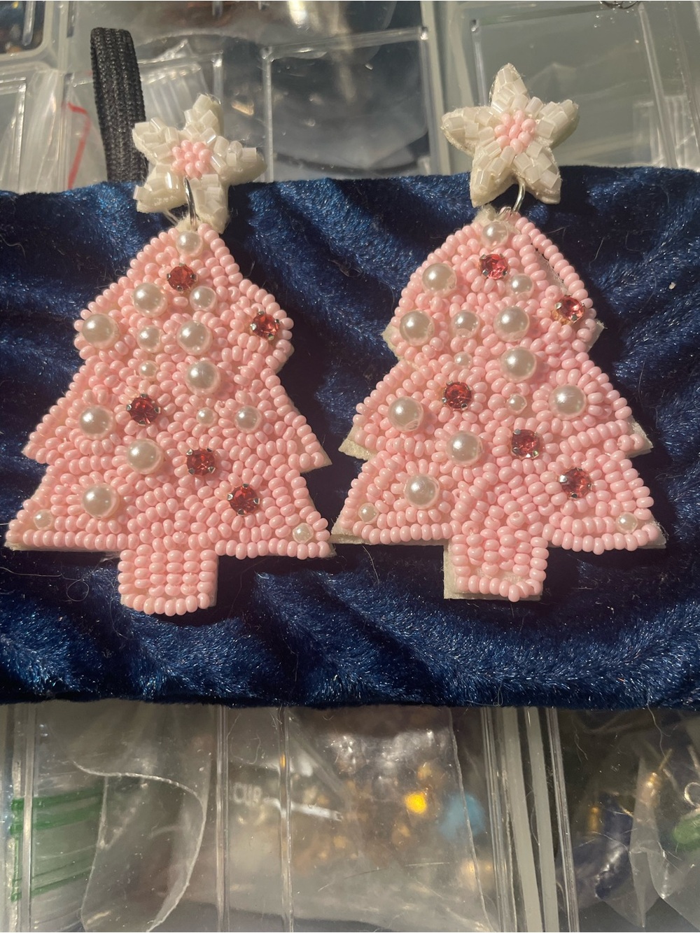 Beaded Pink Christmas Tree Earrings